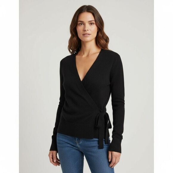 Daisy Fuentes solid Black Wrap V neck Long Sleeve cotton Sweater size L V neck - Picture 11 of 11